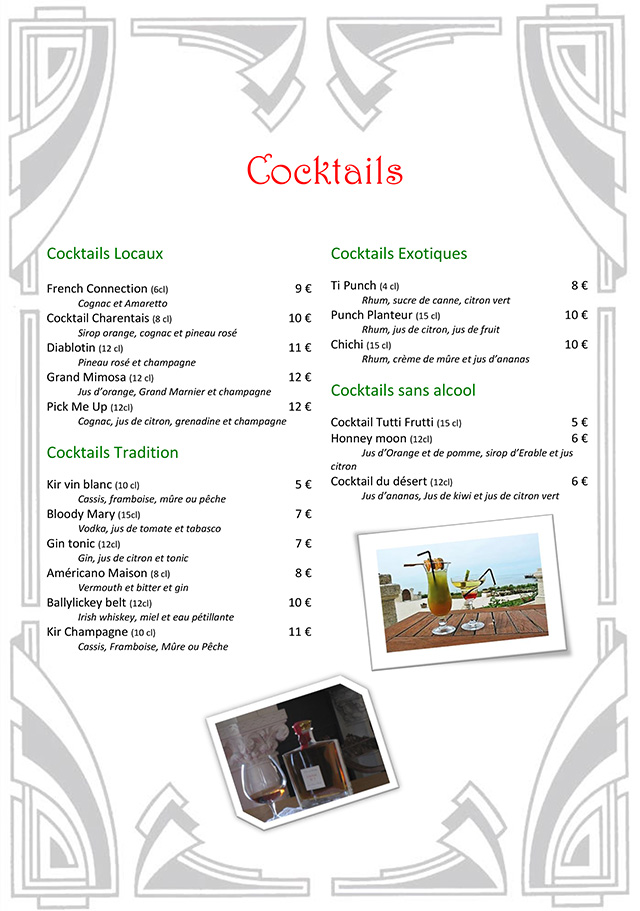 Carte des cocktails